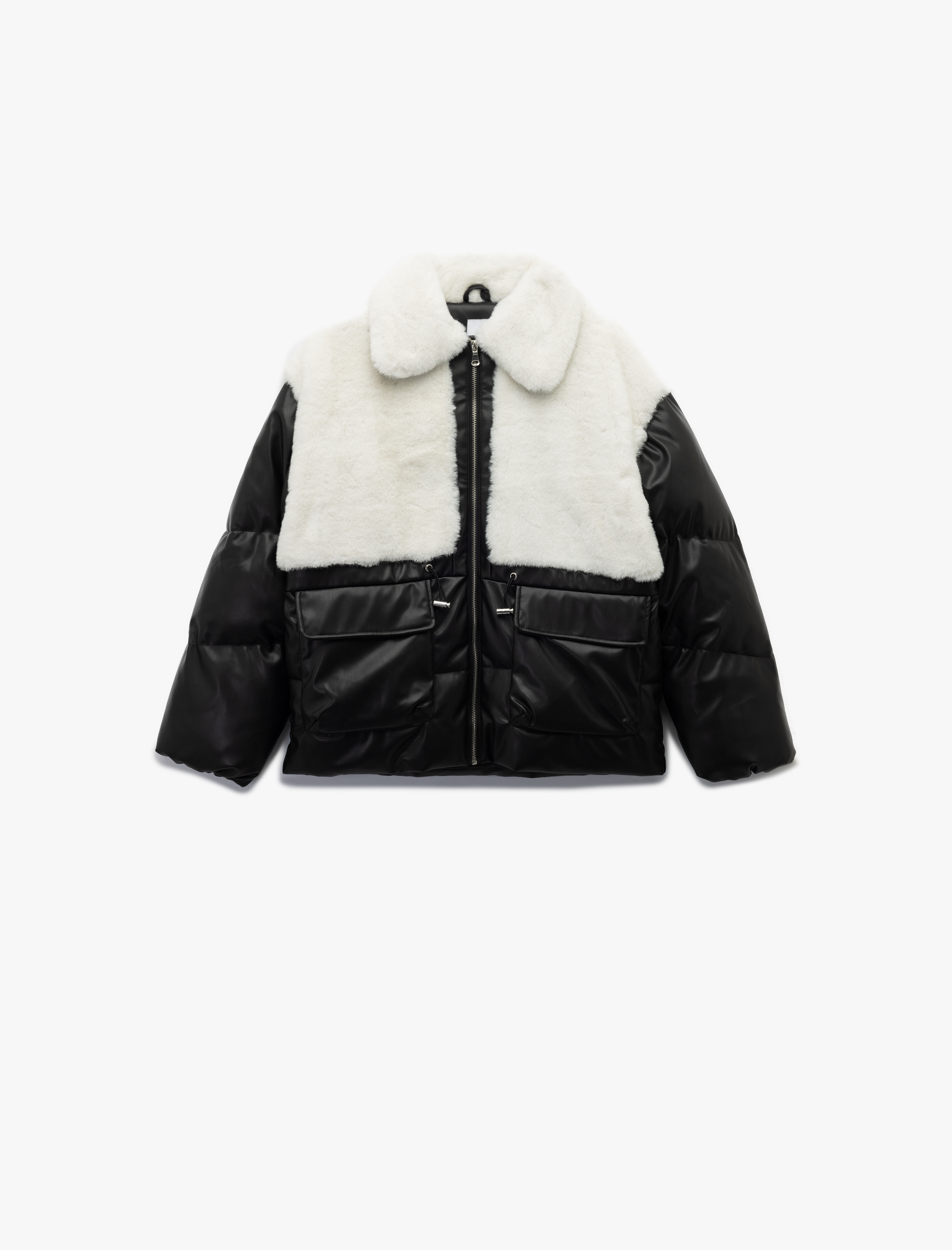   Suni Kürklü Cepli Uzun Kollu Cep Detaylı Deri Şişme Ceket