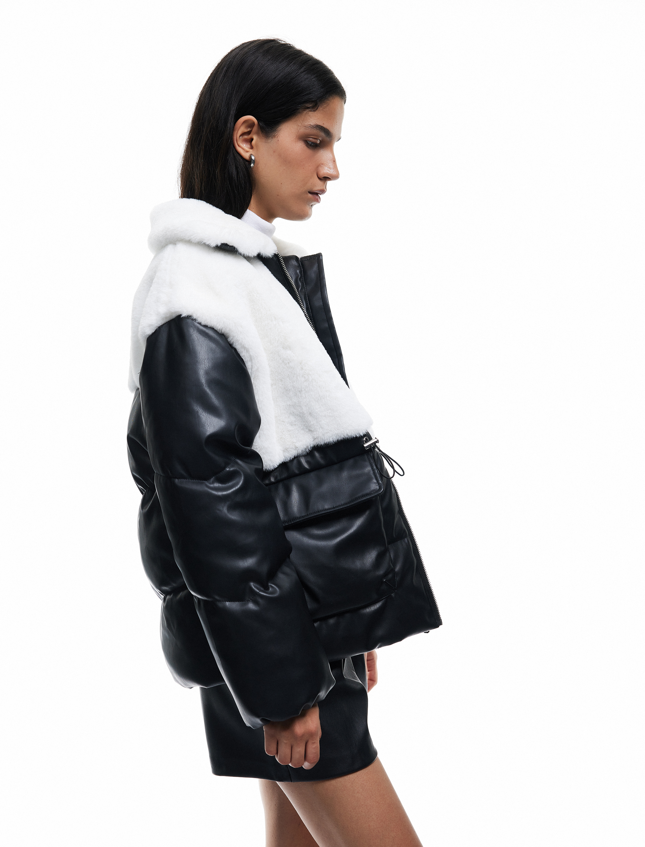   Suni Kürklü Cepli Uzun Kollu Cep Detaylı Deri Şişme Ceket