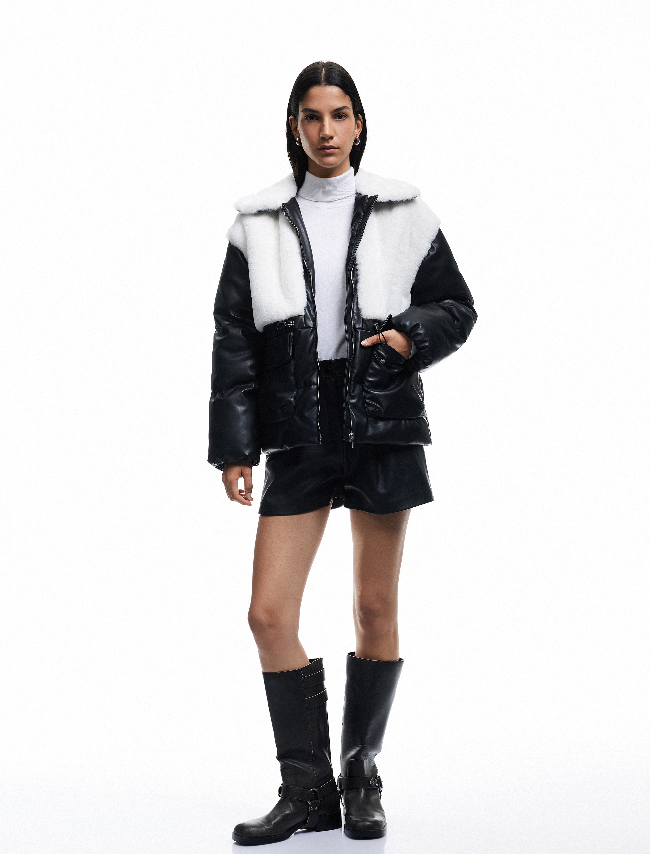   Suni Kürklü Cepli Uzun Kollu Cep Detaylı Deri Şişme Ceket