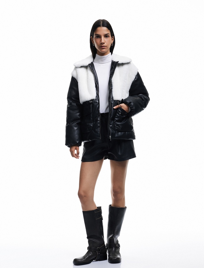  Suni Kürklü Cepli Uzun Kollu Cep Detaylı Deri Şişme Ceket