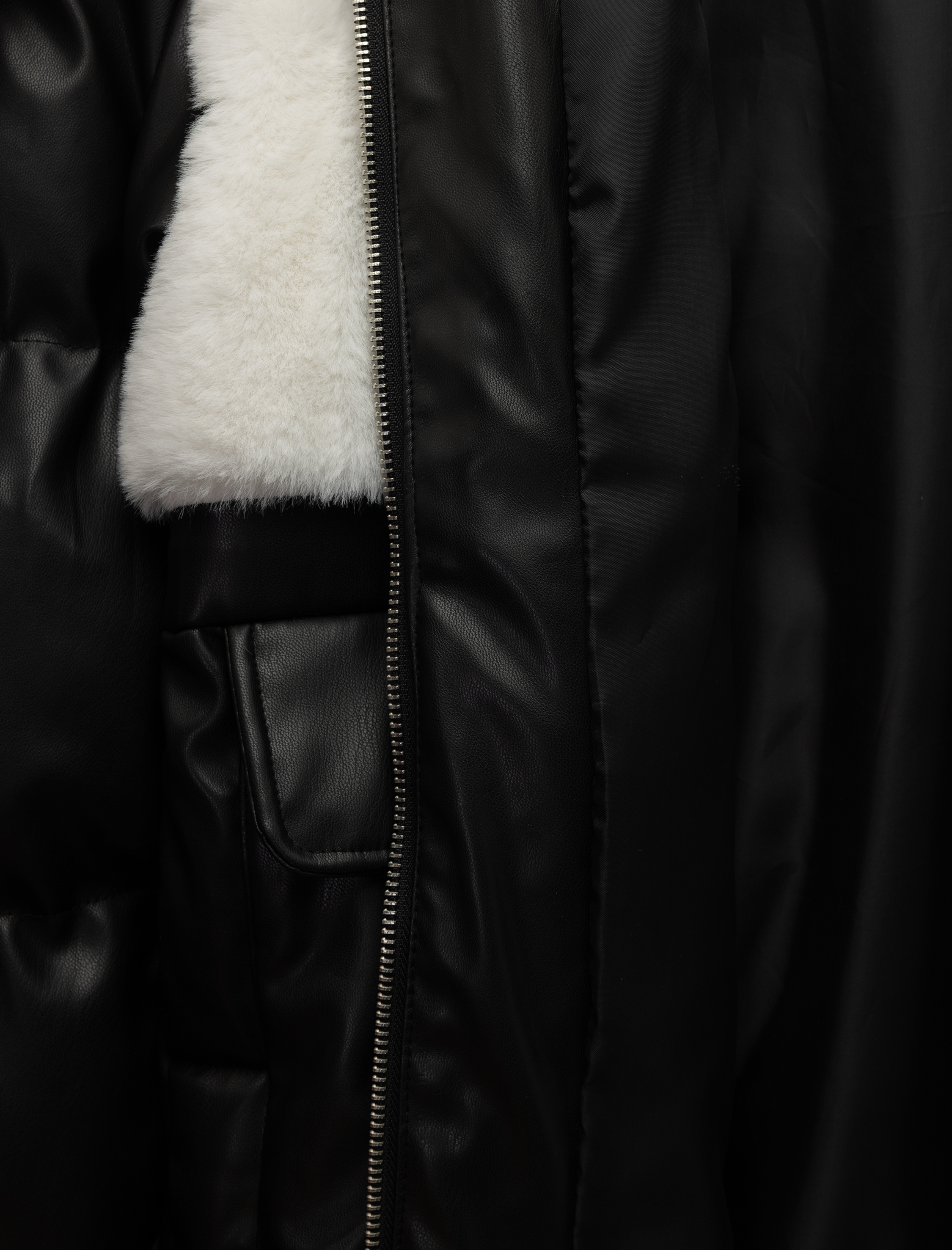   Suni Kürklü Cepli Uzun Kollu Cep Detaylı Deri Şişme Ceket