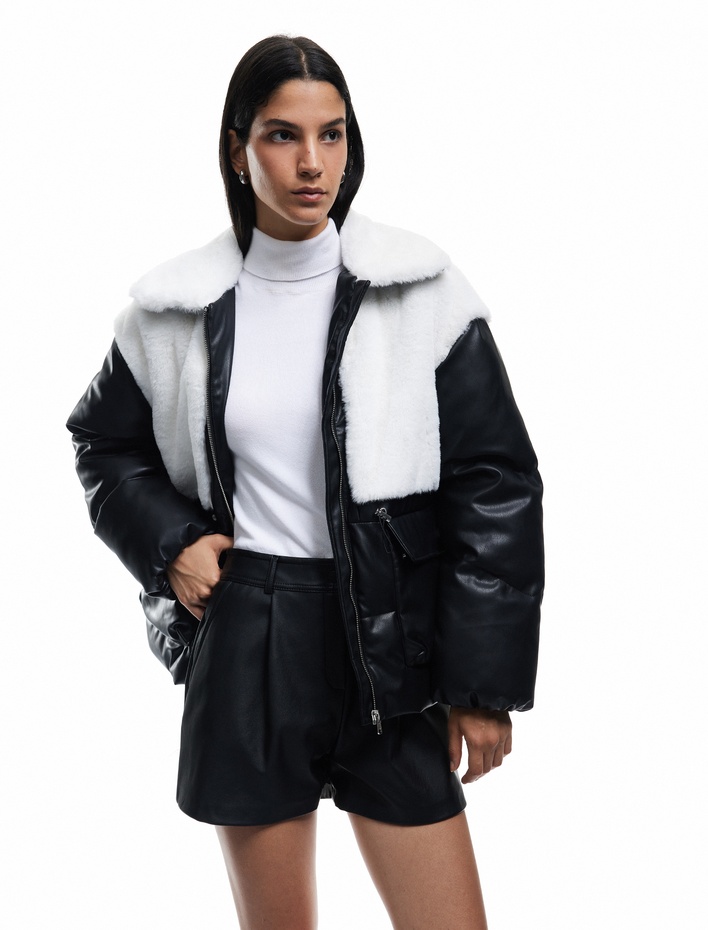  Suni Kürklü Cepli Uzun Kollu Cep Detaylı Deri Şişme Ceket