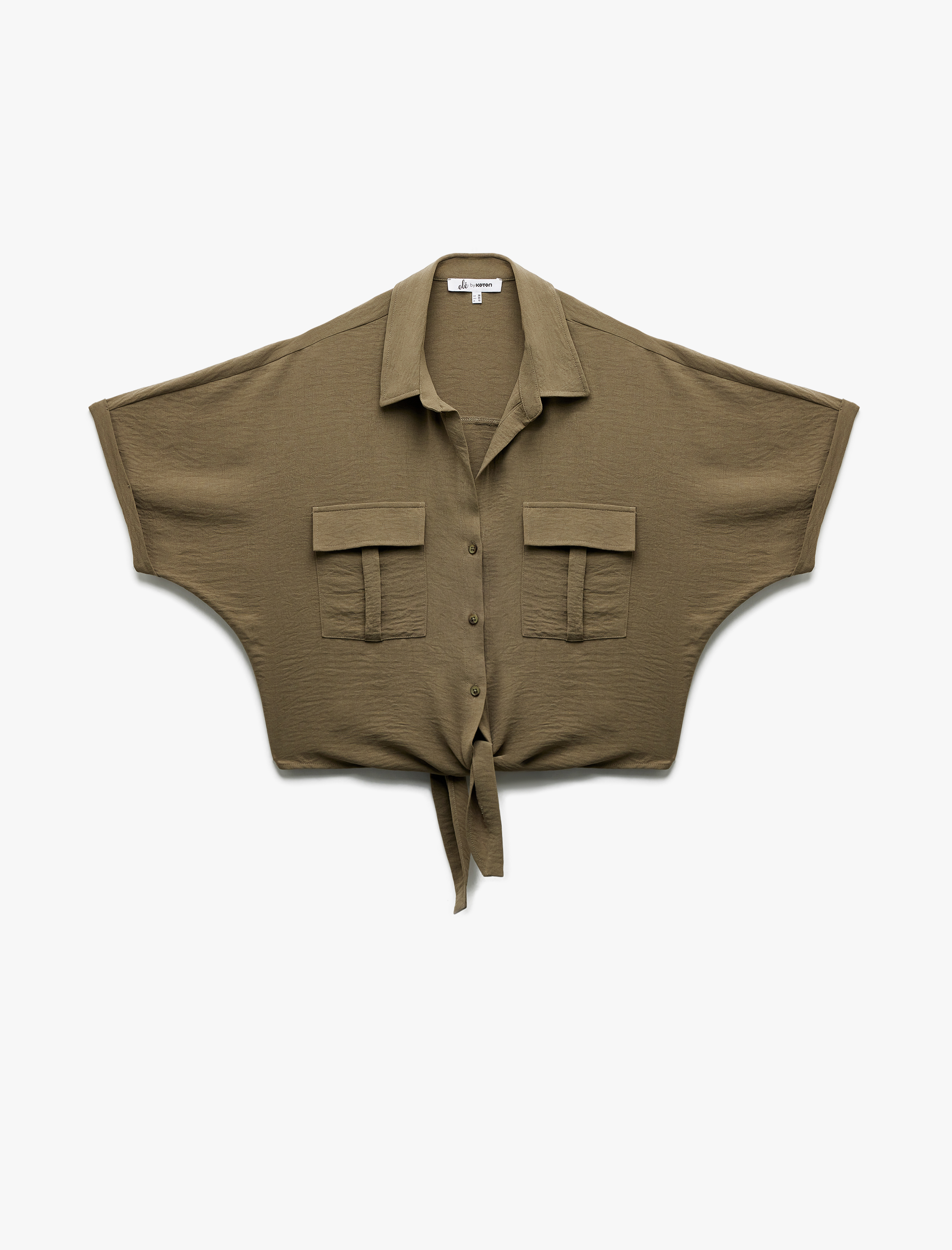   Kısa Kollu Klasik Yaka Bağlama Detaylı Cepli Crop Oversize Bluz