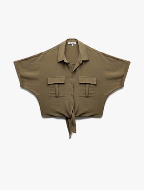 Kısa Kollu Klasik Yaka Bağlama Detaylı Cepli Crop Oversize Bluz_2