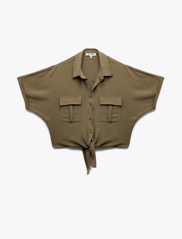 Kısa Kollu Klasik Yaka Bağlama Detaylı Cepli Crop Oversize Bluz_2