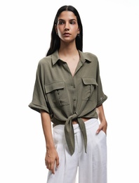 Kısa Kollu Klasik Yaka Bağlama Detaylı Cepli Crop Oversize Bluz