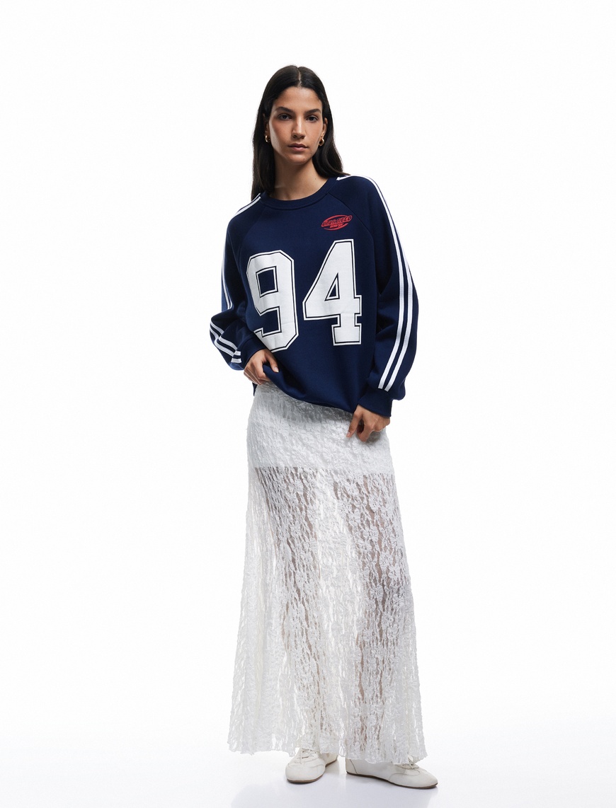   Pamuklu Şardonlu Biyeli Uzun Kollu Bisiklet Yaka Baskılı Sweatshirt