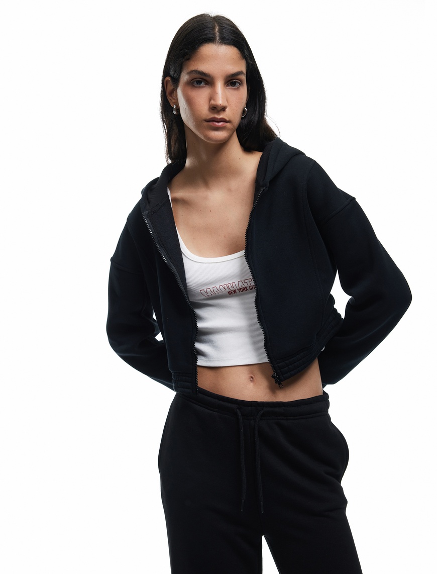   Şardonlu Uzun Kollu Fermuarlı Kapüşonlu Oversize Sweatshirt