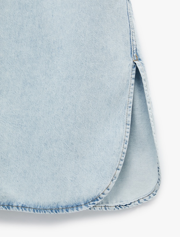 Kolsuz Gömlek Yaka Cep Detaylı Kemerli Midi Boy Denim Elbise_5