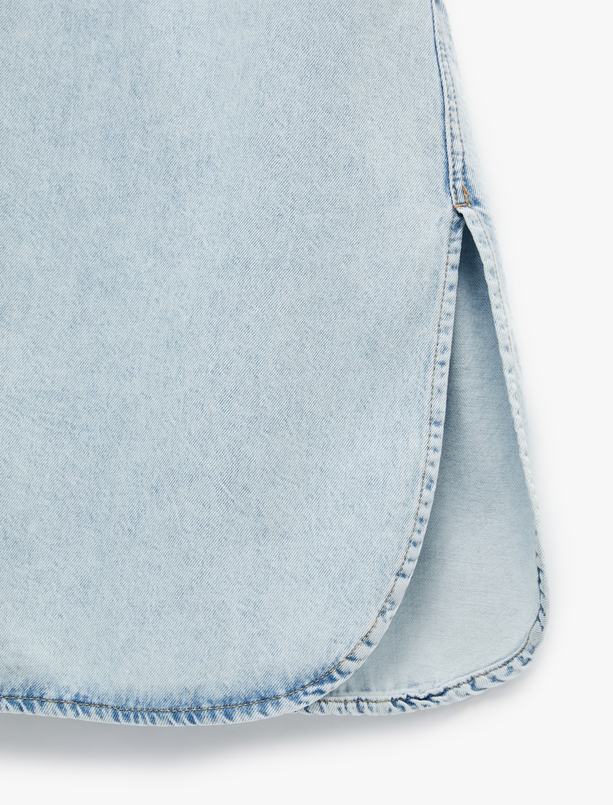   Kolsuz Gömlek Yaka Cep Detaylı Kemerli Midi Boy Denim Elbise