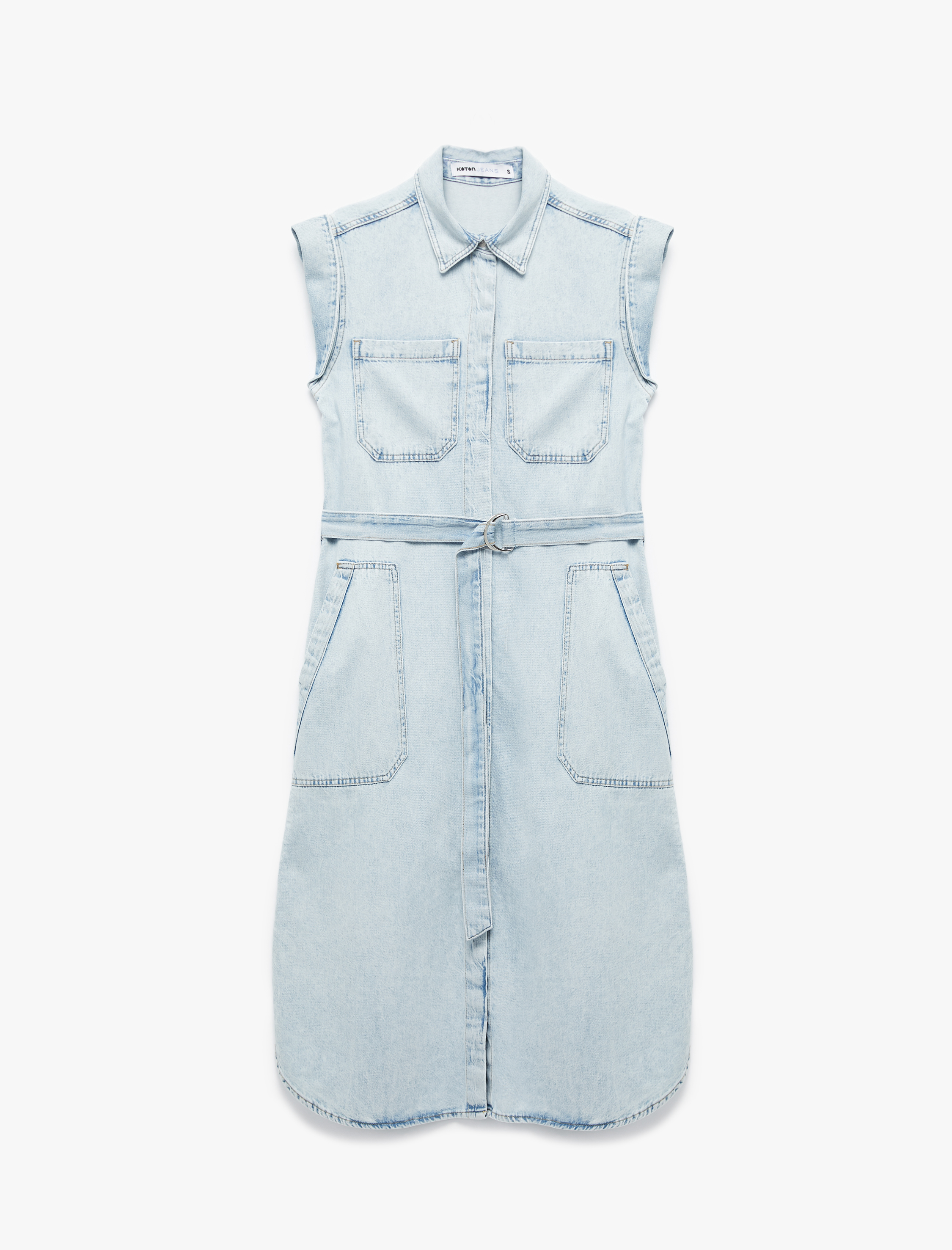 Kolsuz Gömlek Yaka Cep Detaylı Kemerli Midi Boy Denim Elbise