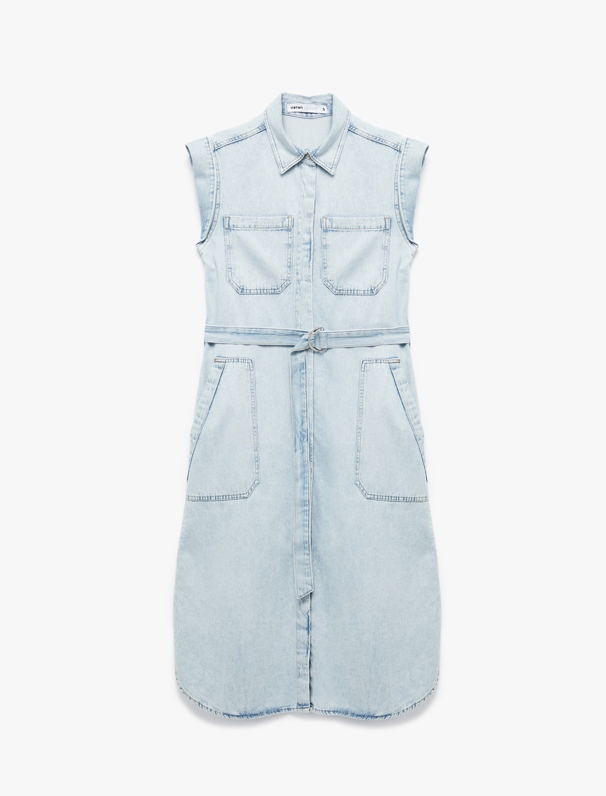   Kolsuz Gömlek Yaka Cep Detaylı Kemerli Midi Boy Denim Elbise