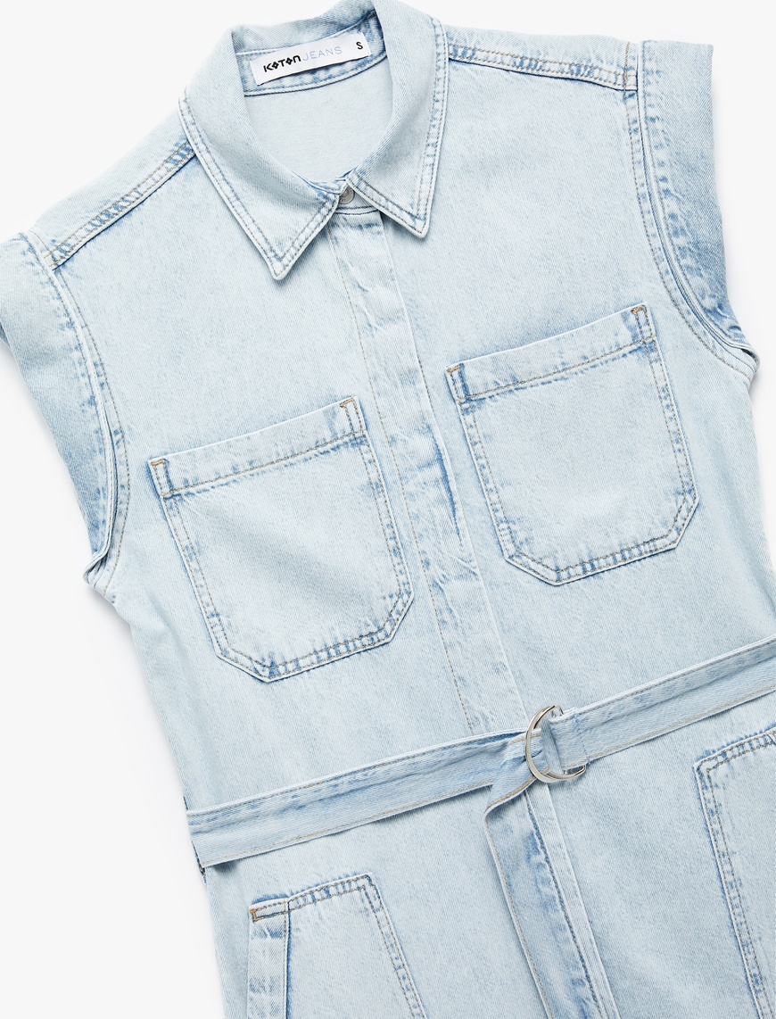   Kolsuz Gömlek Yaka Cep Detaylı Kemerli Midi Boy Denim Elbise