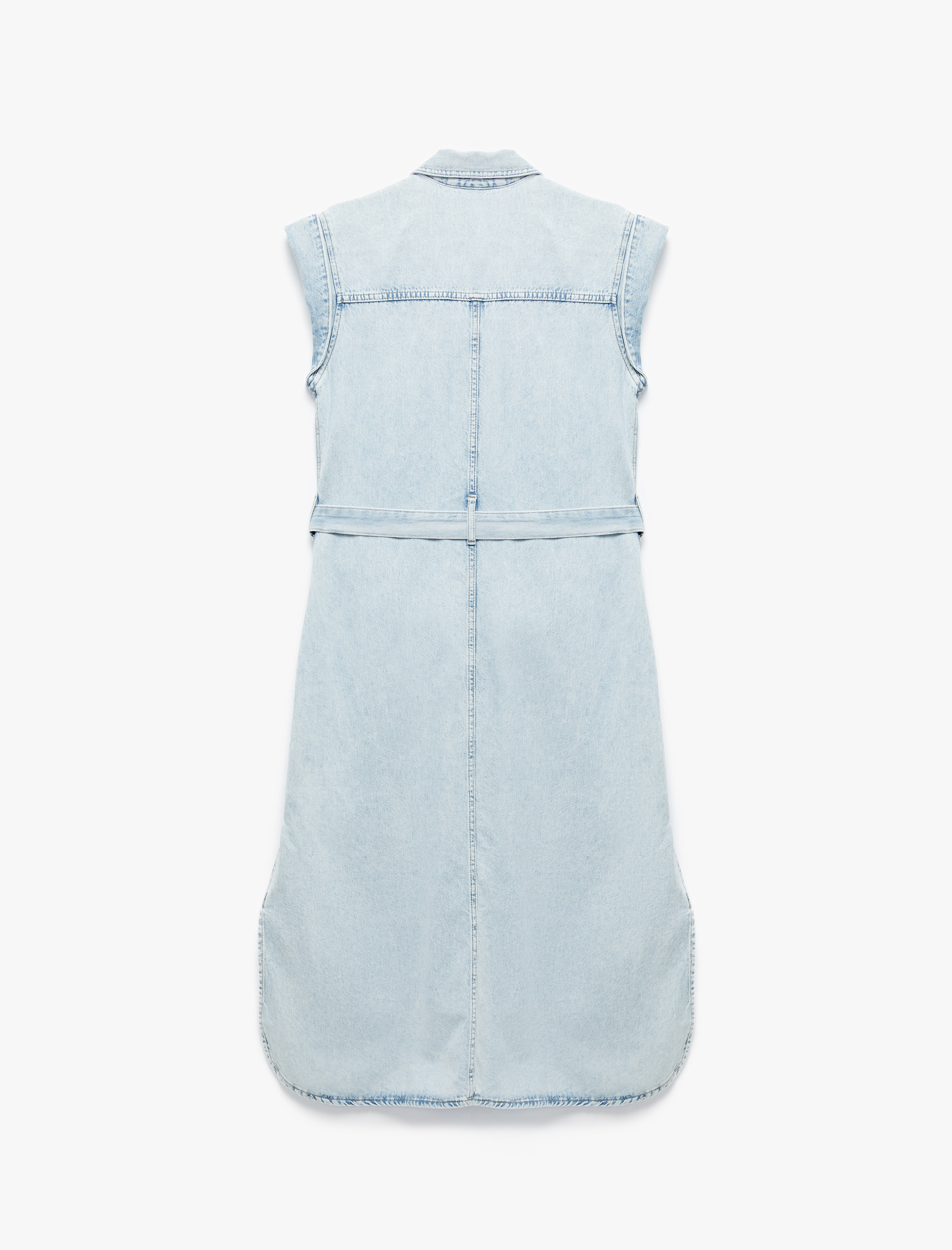 Kolsuz Gömlek Yaka Cep Detaylı Kemerli Midi Boy Denim Elbise