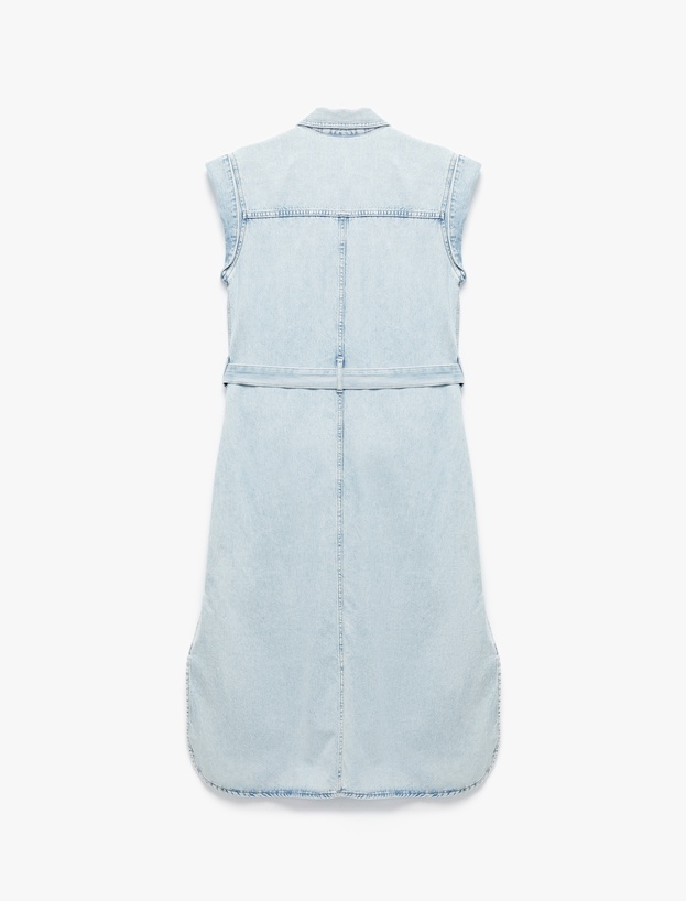 Kolsuz Gömlek Yaka Cep Detaylı Kemerli Midi Boy Denim Elbise_3