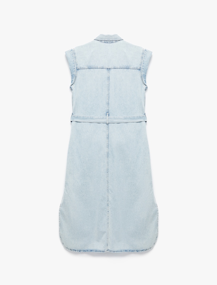  Kolsuz Gömlek Yaka Cep Detaylı Kemerli Midi Boy Denim Elbise