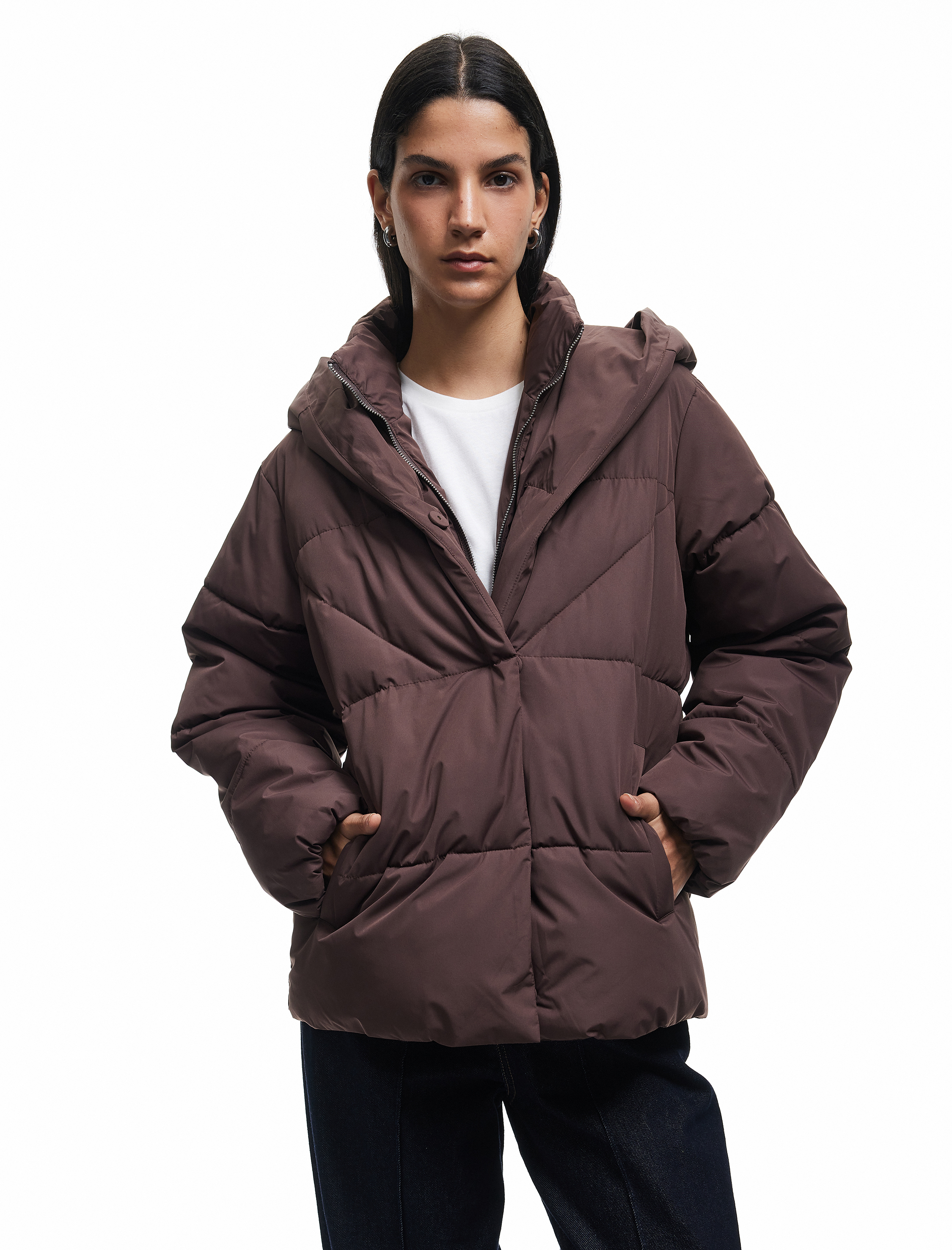 Kapüşonlu Fermuarlı Düğme Detaylı Cepli Rahat Kalıp Kapitone Şişme Mont