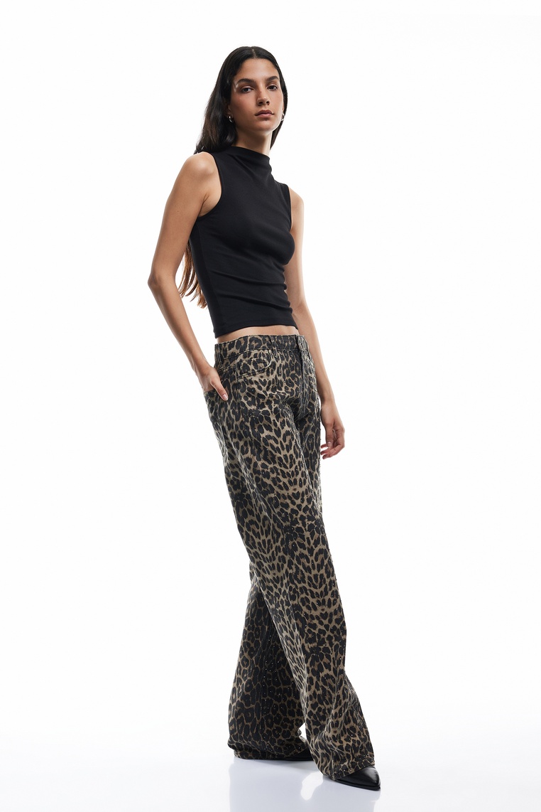   Pamuklu Taş Detaylı Düğmeli Cepli Leopar Desenli Jean Pantolon - Longer Straight Jean