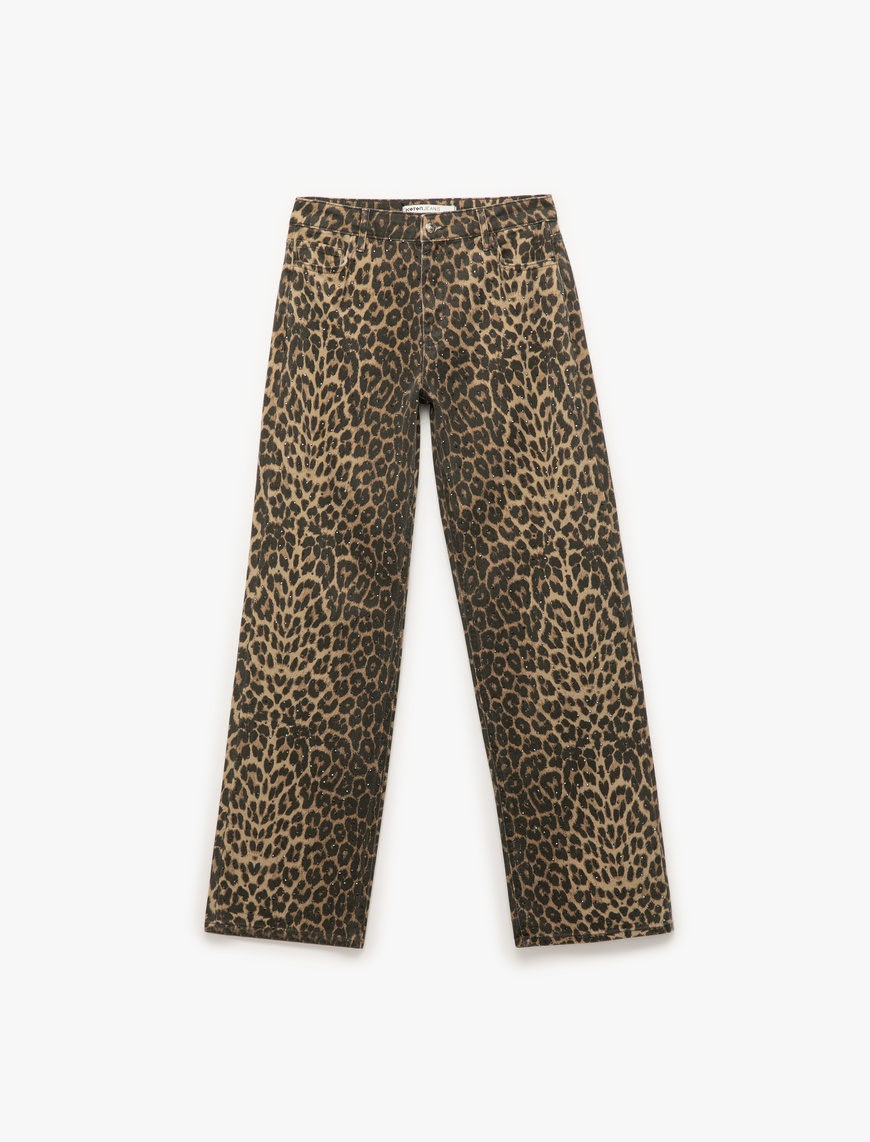   Pamuklu Taş Detaylı Düğmeli Cepli Leopar Desenli Jean Pantolon - Longer Straight Jean