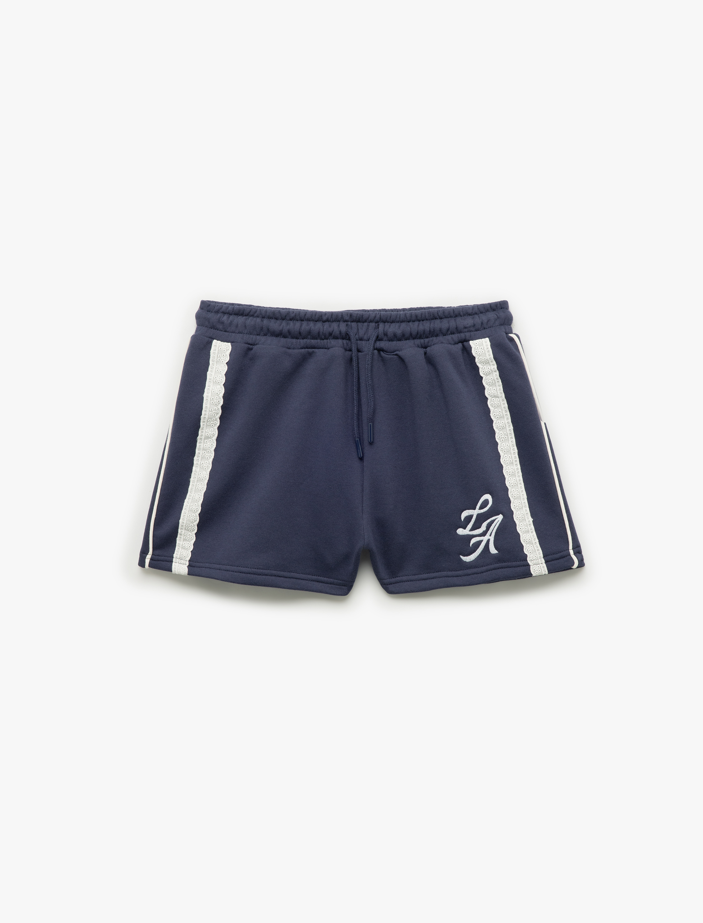   Beli Bağcıklı Dantel Detaylı Şeritli Rahat Kalıp Yüksek Bel Mini Şort