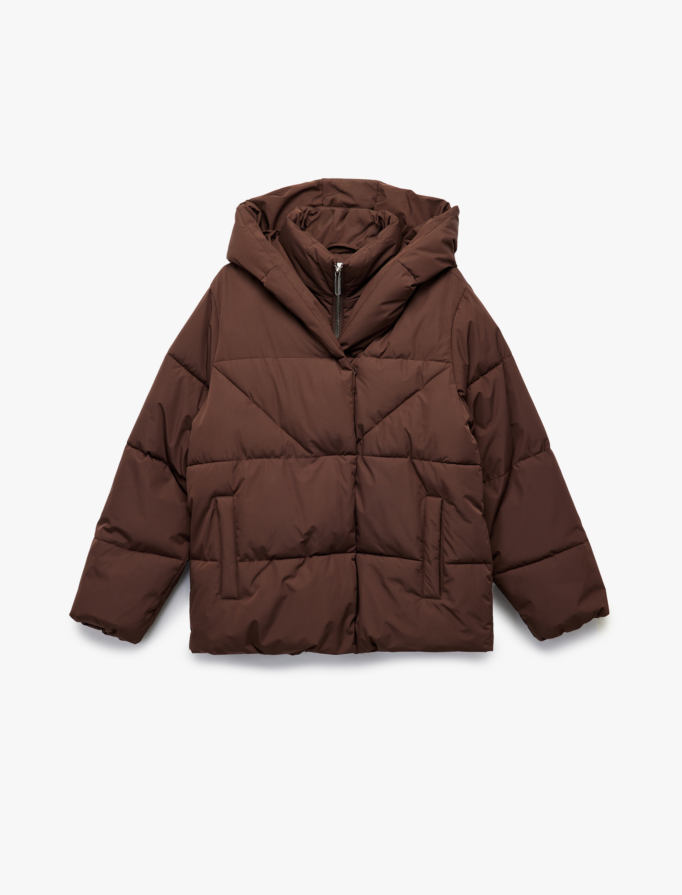 Kapüşonlu Fermuarlı Düğme Detaylı Cepli Rahat Kalıp Kapitone Şişme Mont