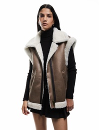 Peluş Şerpalı Yaka Süet Görünümlü Kolsuz Cepli Fermuarlı Oversize Yelek