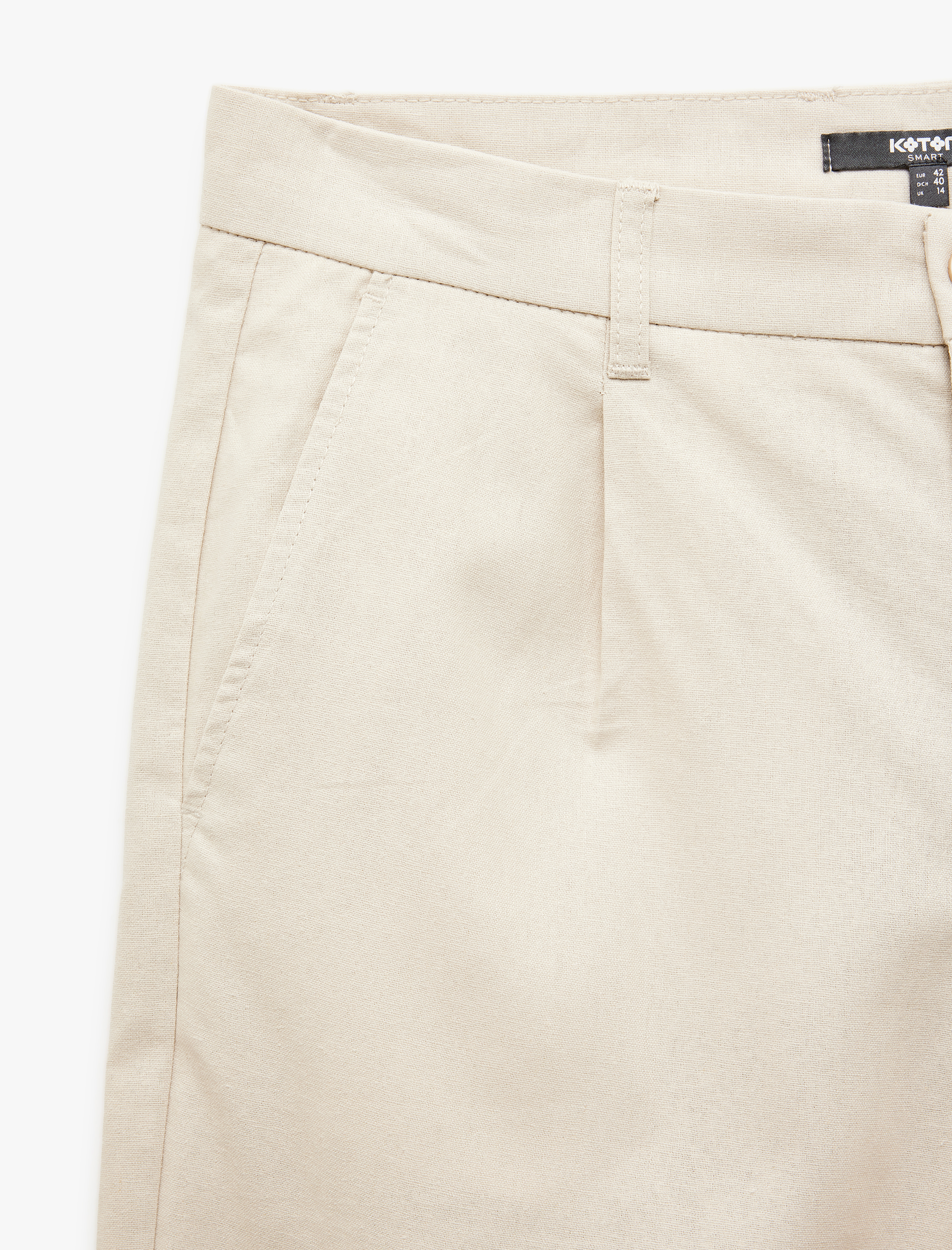   Keten Pamuk Karışımlı Cep Detaylı Pileli Kumaş Pantolon