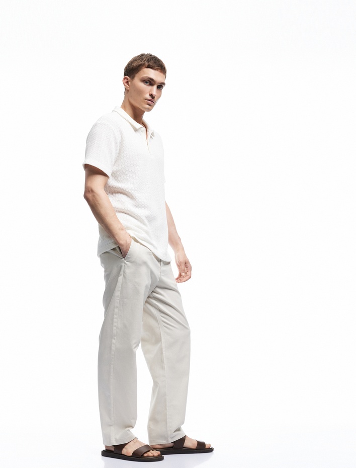  Keten Pamuk Karışımlı Cep Detaylı Pileli Kumaş Pantolon