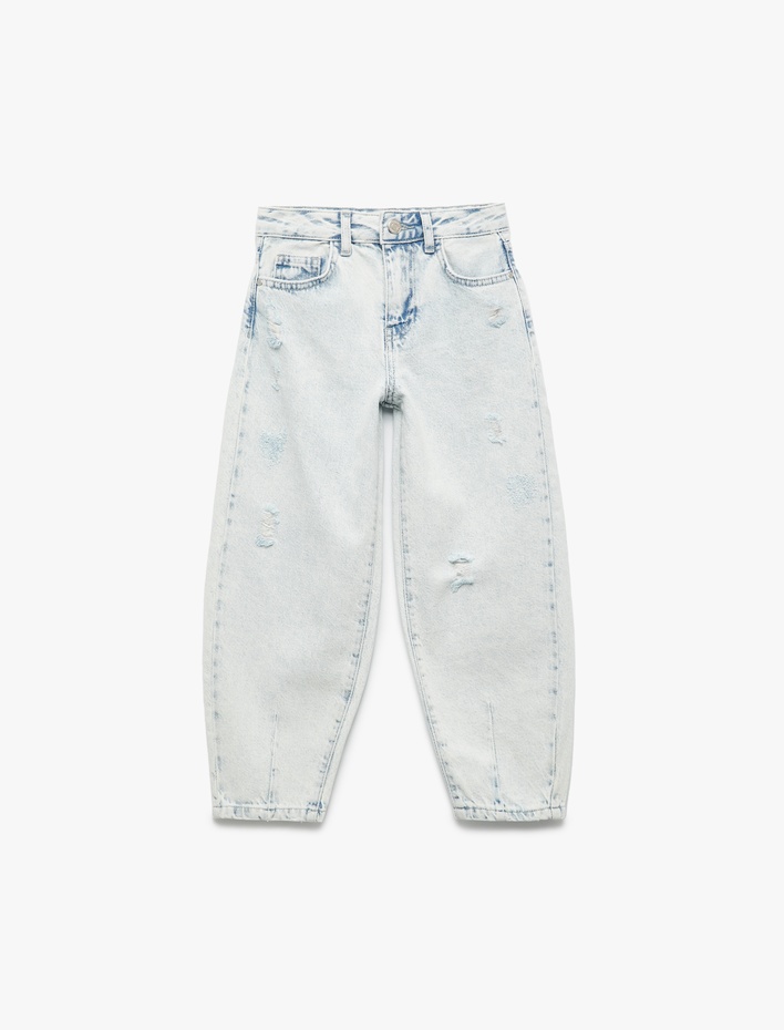 Kız Çocuk Pamuklu Cep Detaylı Paraşüt Kesim Denim Pantolon