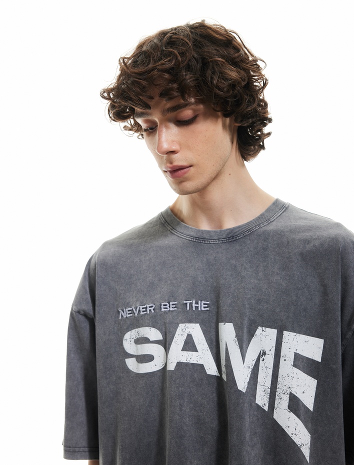  Bisiklet Yaka Yıkamalı Kısa Kollu Tok Kumaş Pamuklu Baskılı Tişört