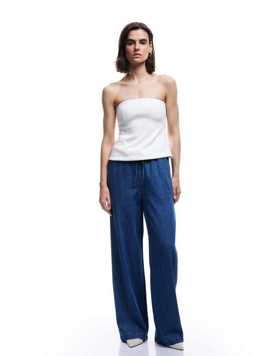   Beli Bağcıklı Pamuklu Düz Paça Cepli Jean Pantolon - Straight Jeans