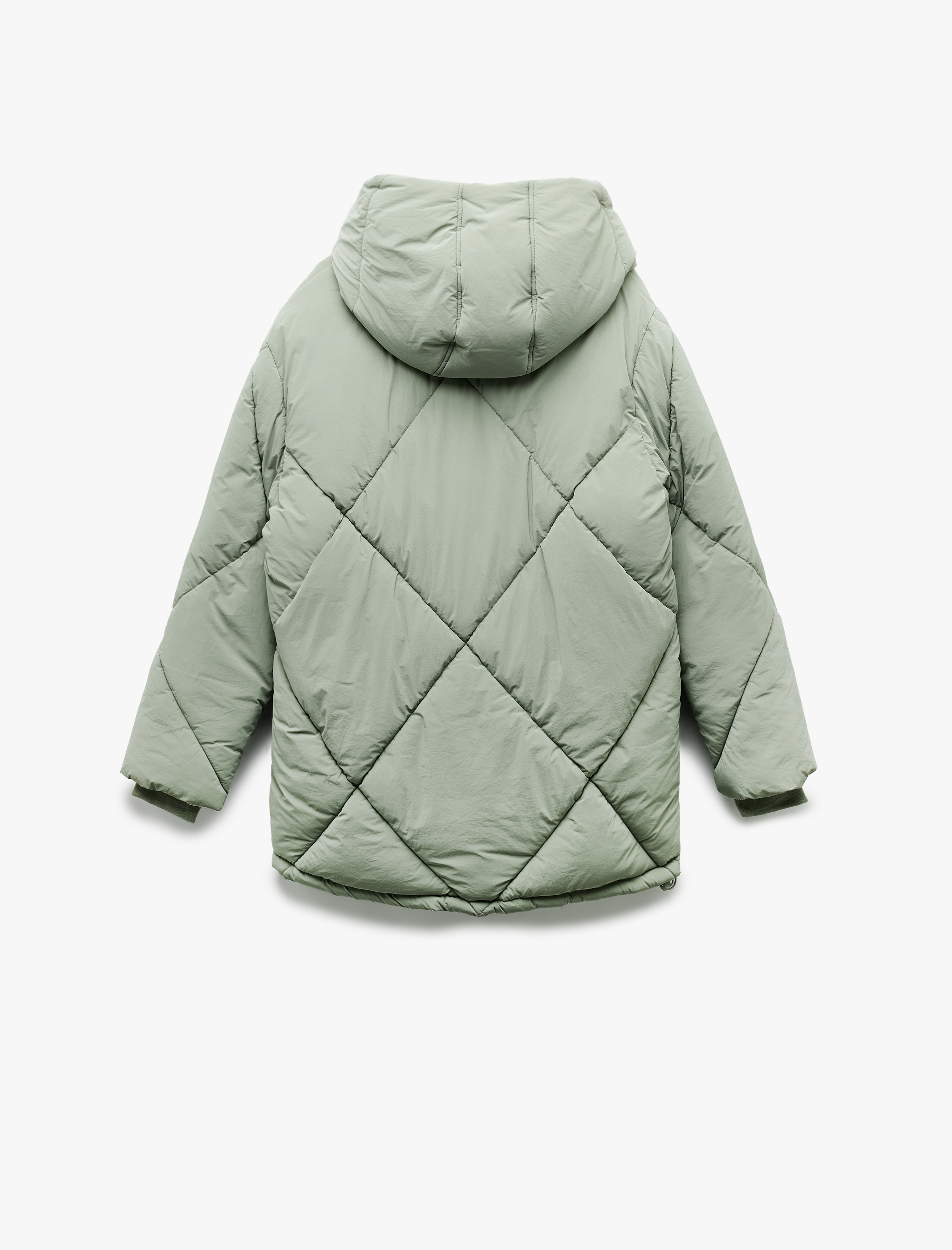   Kapüşonlu Cep Detaylı Fermuarlı Çıtçıt Düğmeli Kapitone Oversize Anorak