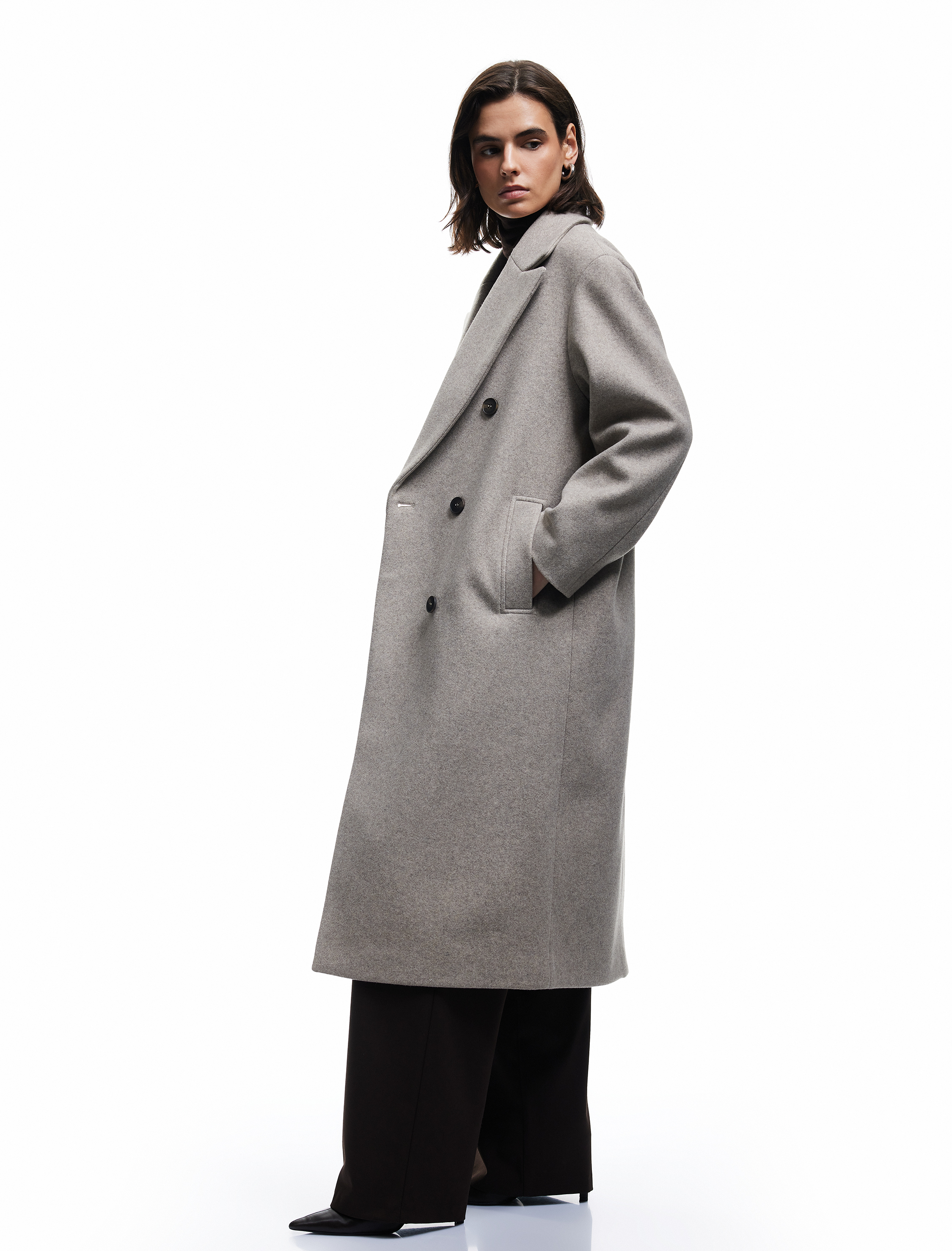   Cepli Düğmeli Uzun Kollu Kruvaze Uzun Kaşe Kaban