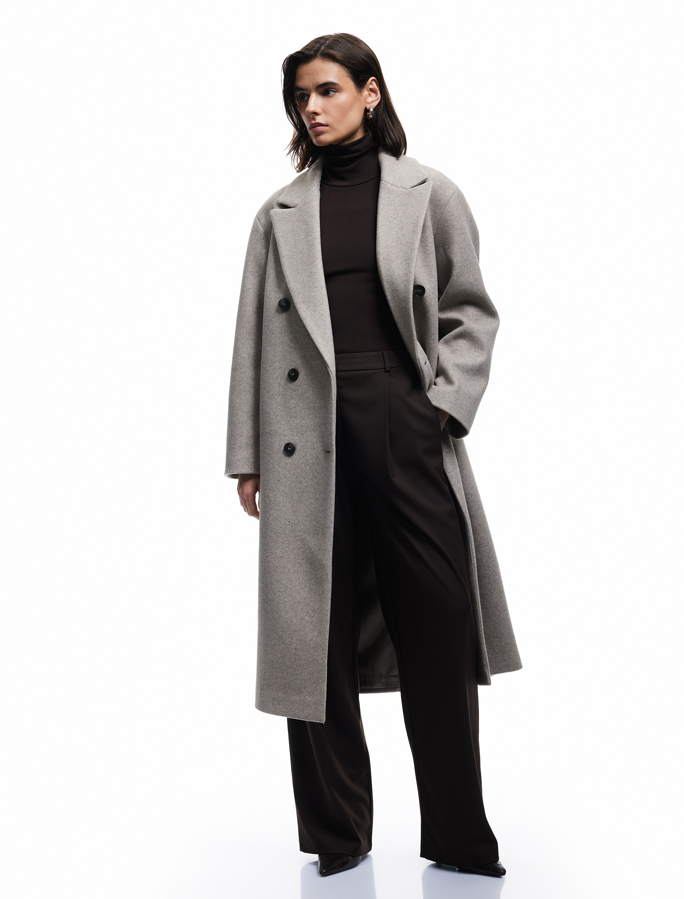   Cepli Düğmeli Uzun Kollu Kruvaze Uzun Kaşe Kaban