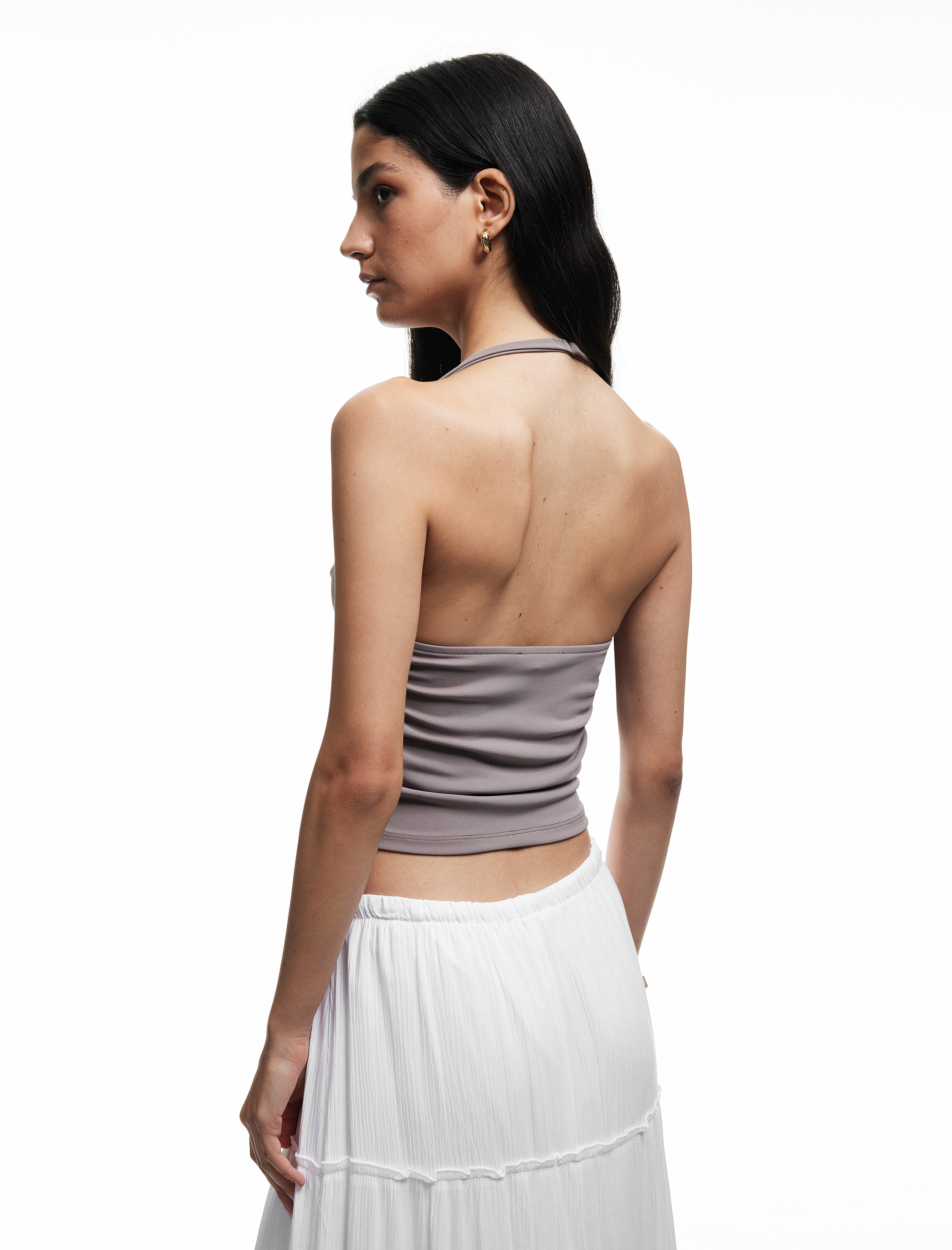   Degaje Yaka Kolsuz Slim Fit Drapeli Scuba Crop Bluz