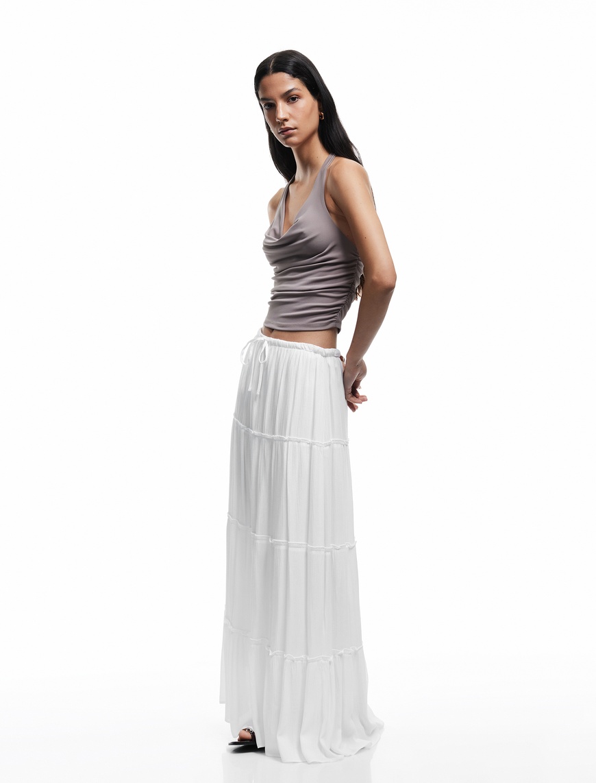   Degaje Yaka Kolsuz Slim Fit Drapeli Scuba Crop Bluz