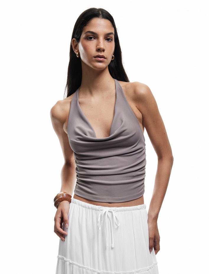  Degaje Yaka Kolsuz Slim Fit Drapeli Scuba Crop Bluz