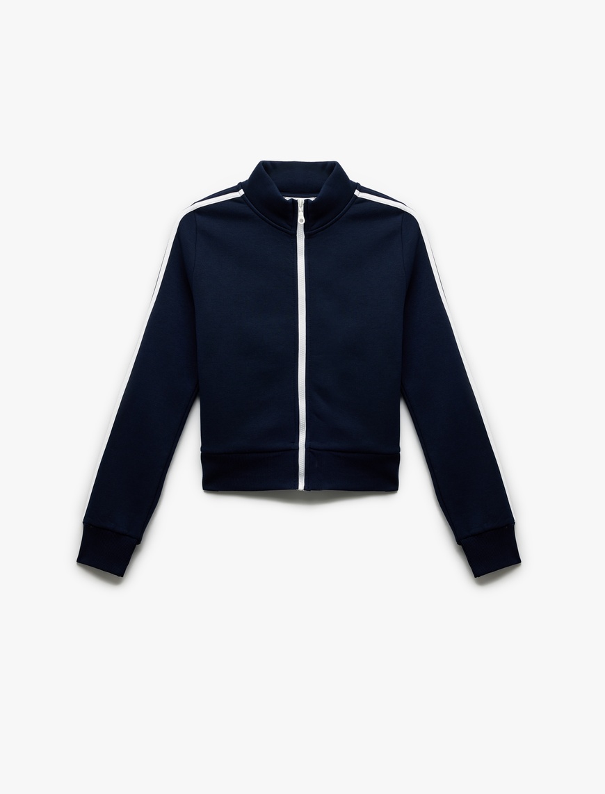   Şardonlu Uzun Kollu Dar Kesim Dik Yaka Fermuarlı Çizgili Sweatshirt