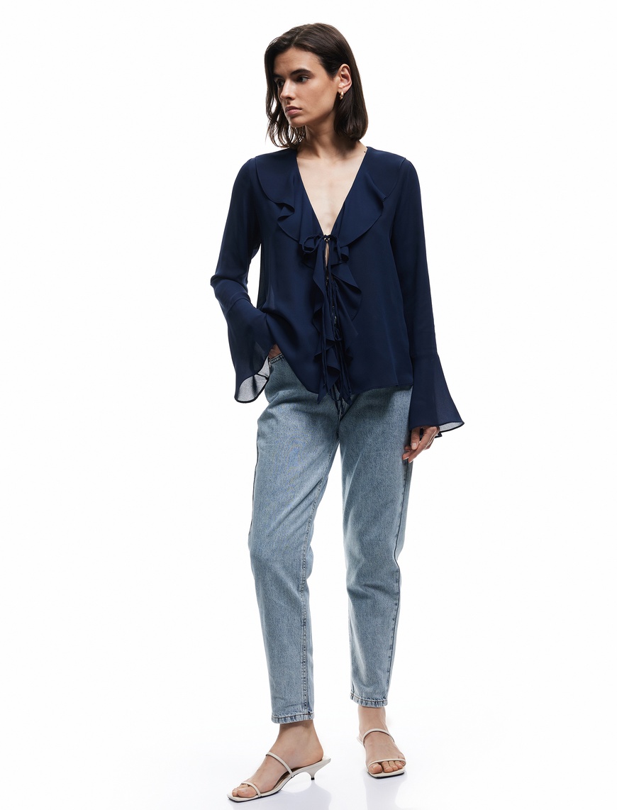   Yüksek Bel Düğmeli Cepli Düz Paça Mom Fit Jean Pantolon - Mom Slim Jean