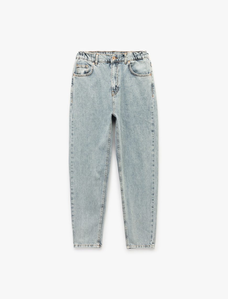   Yüksek Bel Düğmeli Cepli Düz Paça Mom Fit Jean Pantolon - Mom Slim Jean