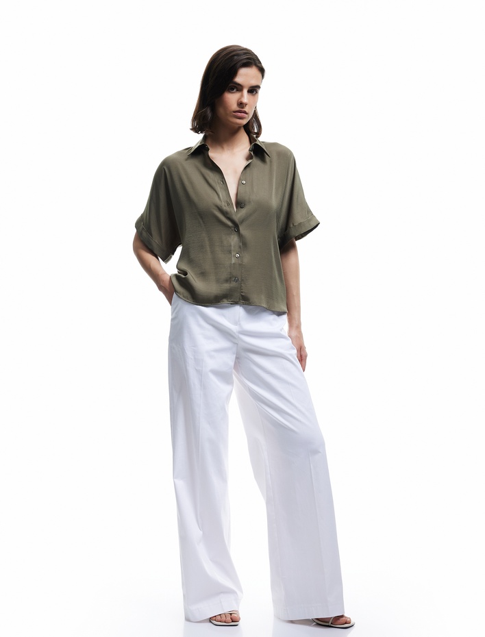  Aerobin Kumaş Kısa Kollu Klasik Yaka Saten Oversize Gömlek