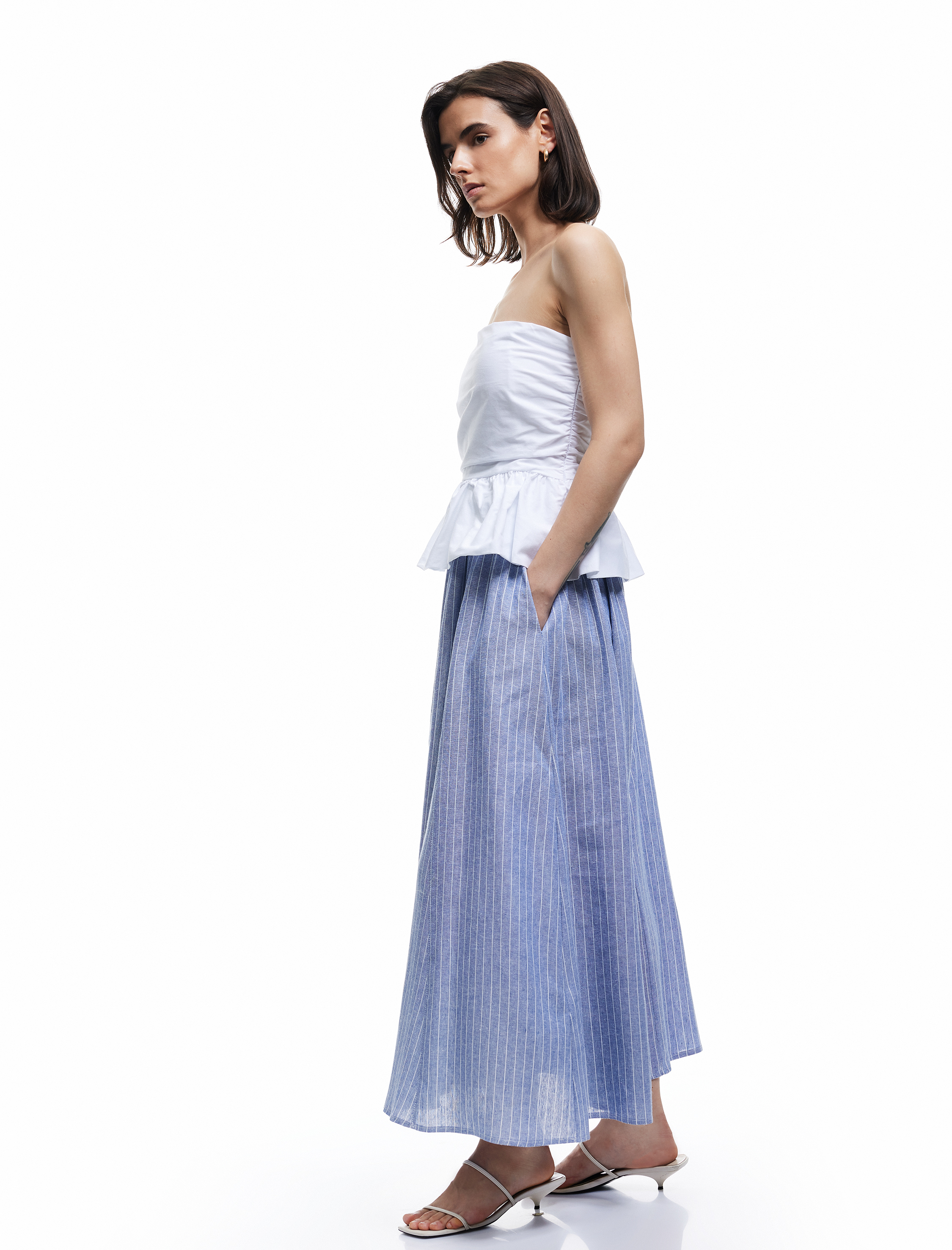   Keten Karışımlı Beli Lastikli Bağlamalı Cepli Midi Kloş Etek