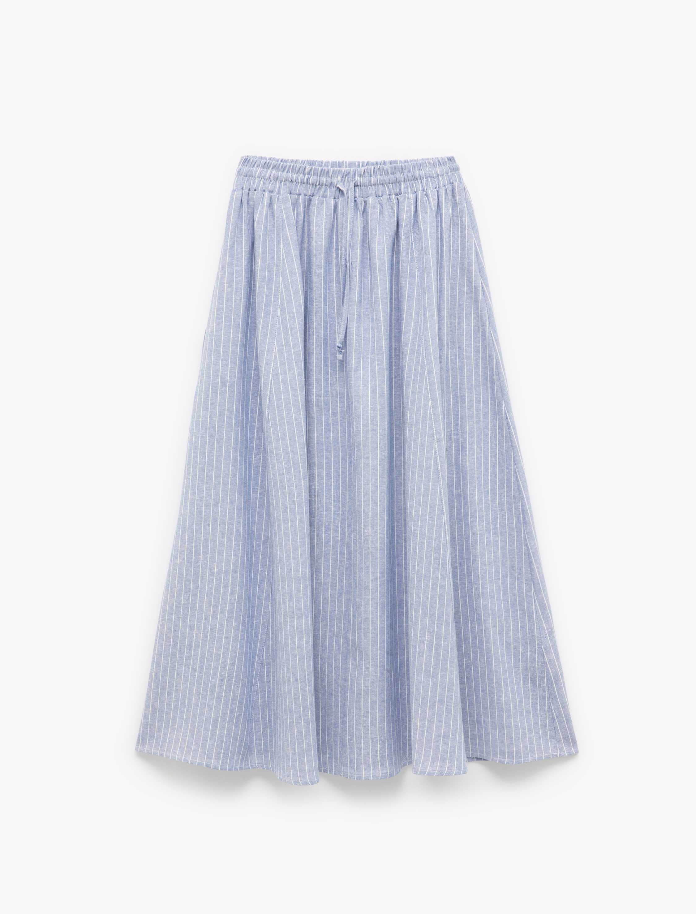   Keten Karışımlı Beli Lastikli Bağlamalı Cepli Midi Kloş Etek