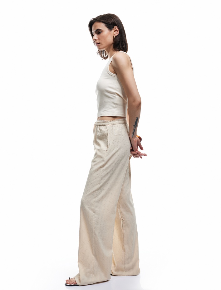  Beli Lastikli Dokulu Cepli Geniş Paça Pantolon