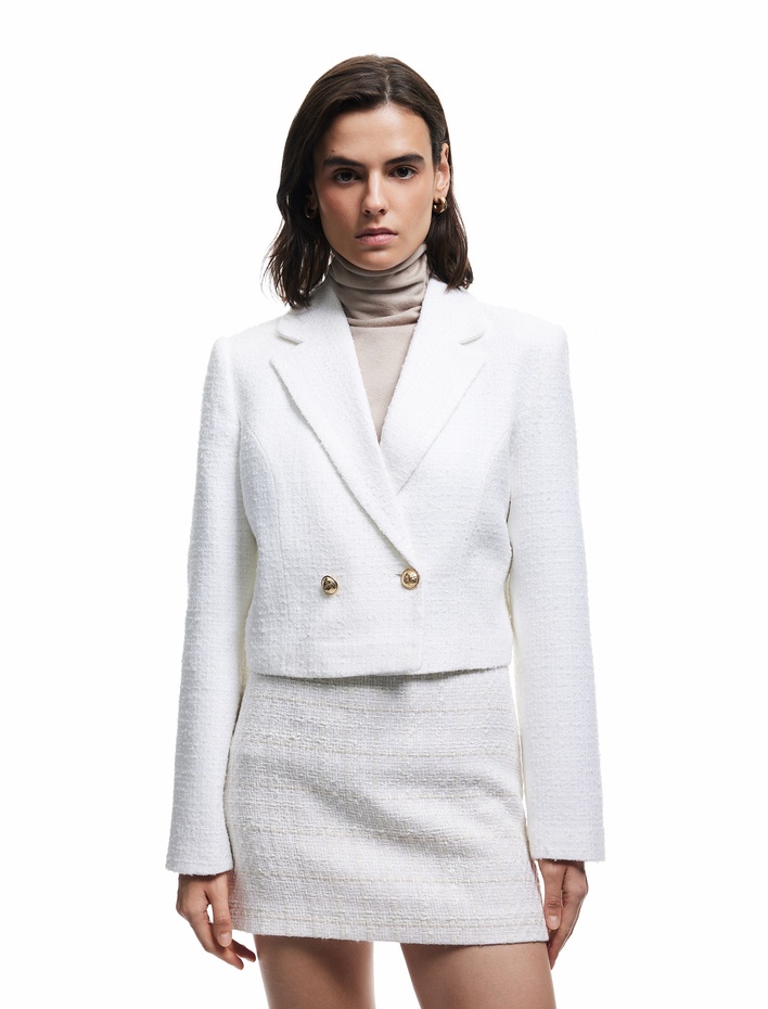  Kruvaze Uzun Kollu Tüvit Crop Blazer Ceket