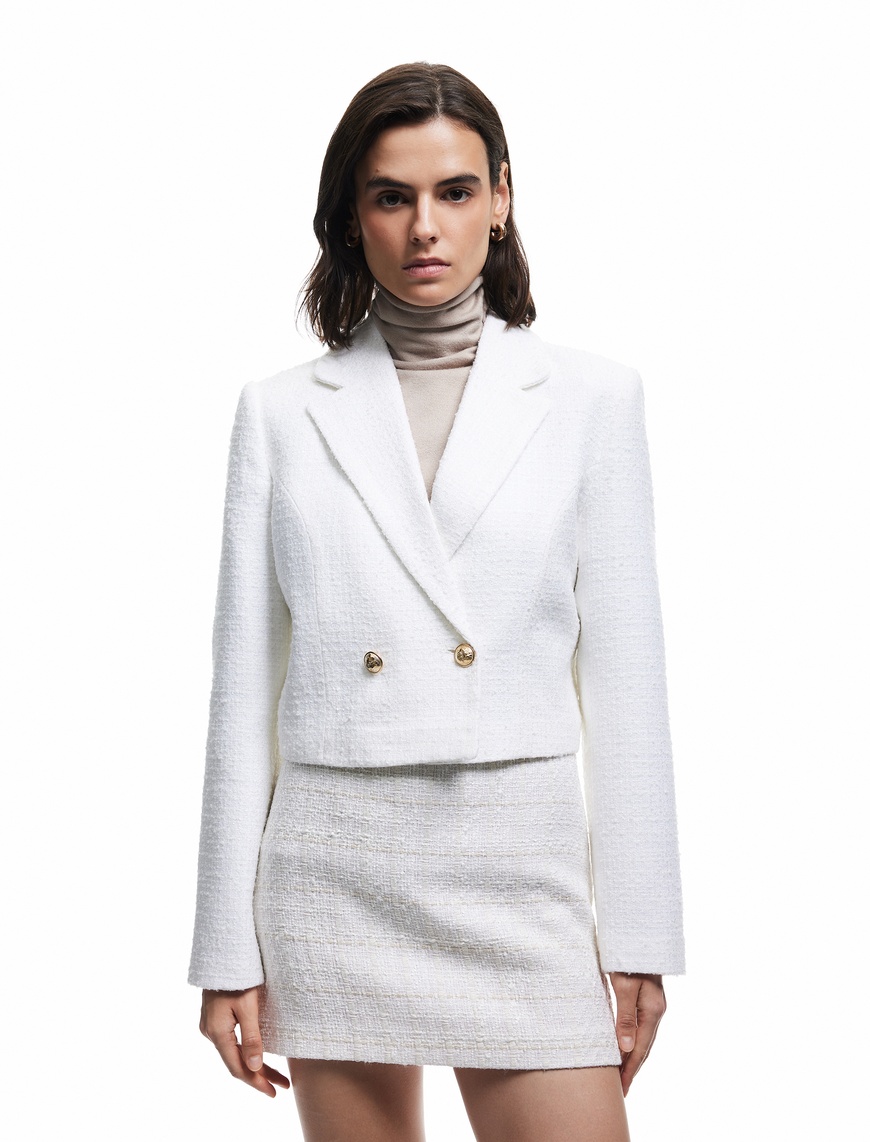   Kruvaze Uzun Kollu Tüvit Crop Blazer Ceket