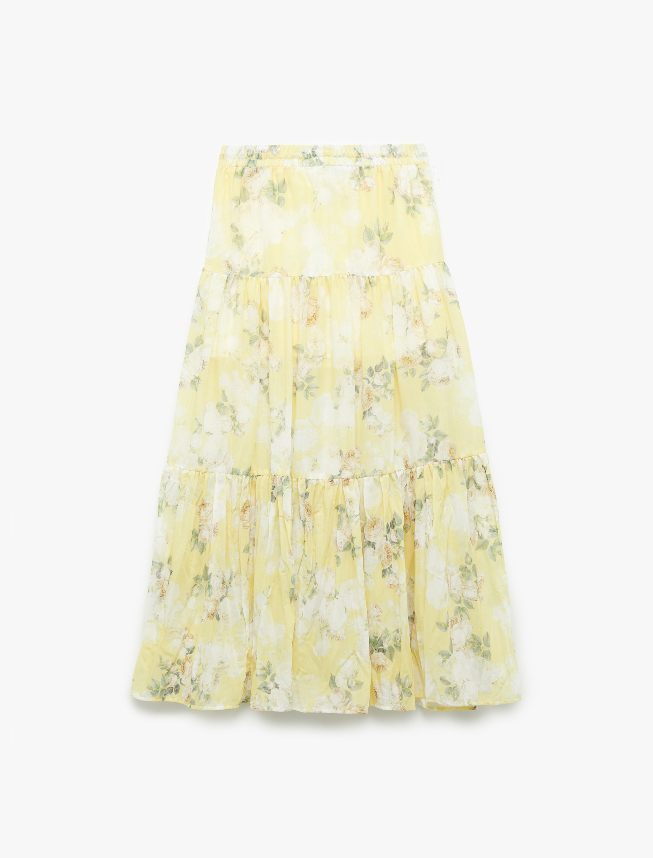   Astarlı Yırtmaç Detaylı Katlı Midi Çan Kesim Kloş Çiçekli Etek