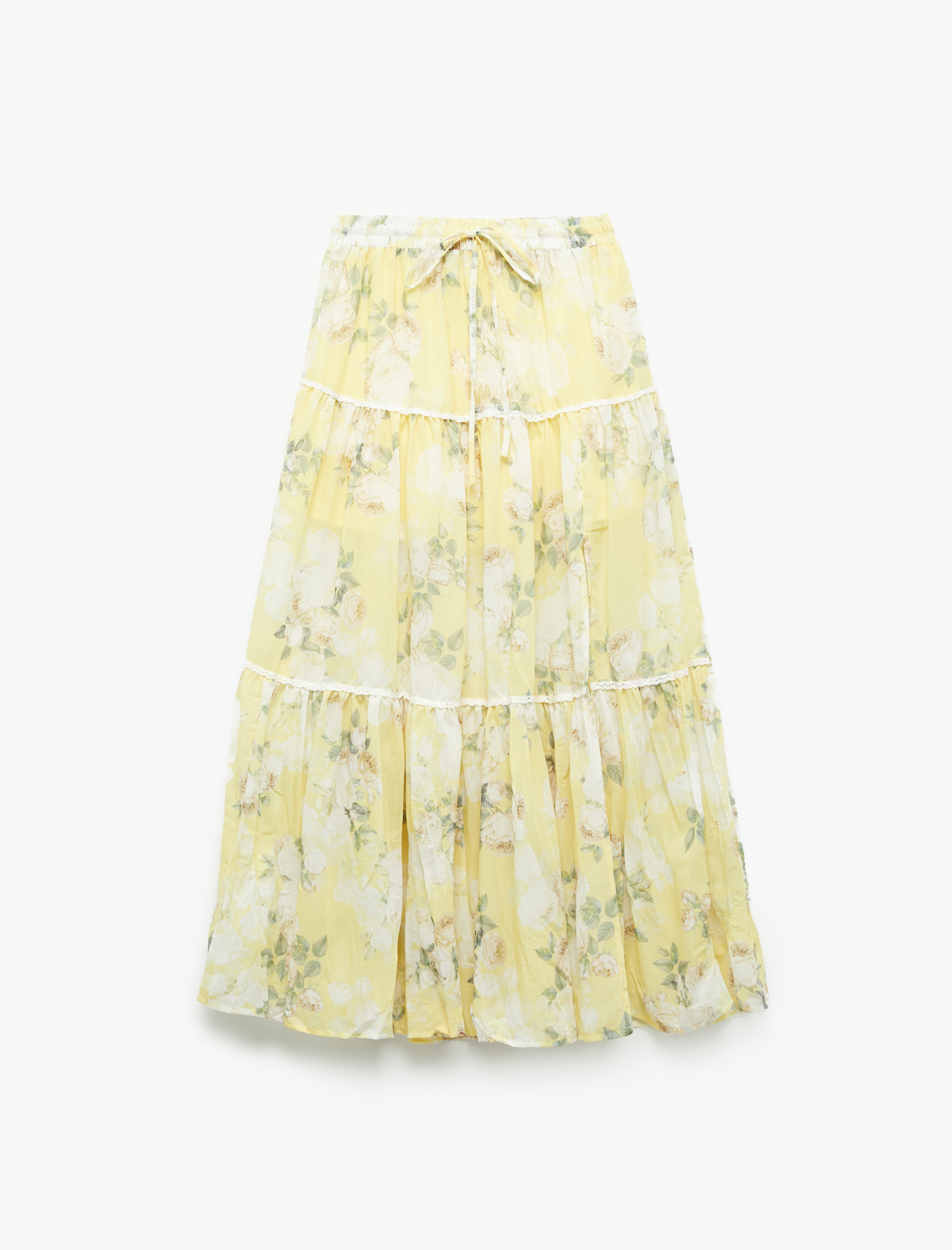   Astarlı Yırtmaç Detaylı Katlı Midi Çan Kesim Kloş Çiçekli Etek