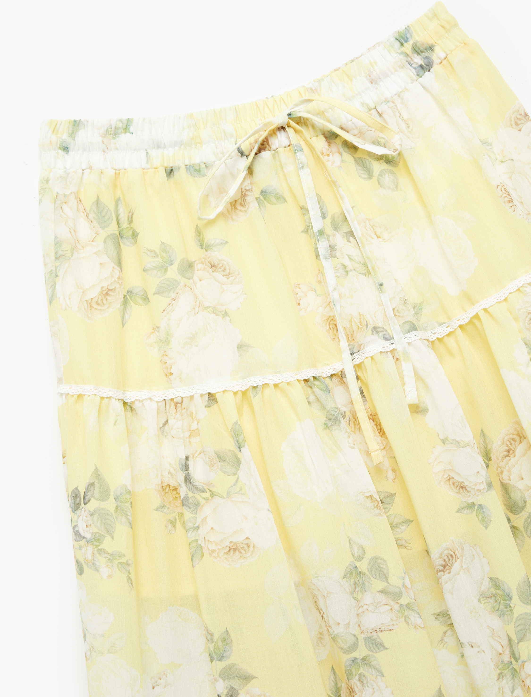   Astarlı Yırtmaç Detaylı Katlı Midi Çan Kesim Kloş Çiçekli Etek