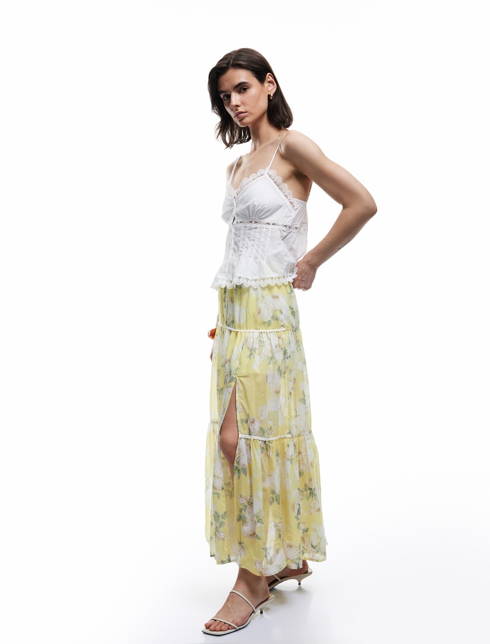  Astarlı Yırtmaç Detaylı Katlı Midi Çan Kesim Kloş Çiçekli Etek